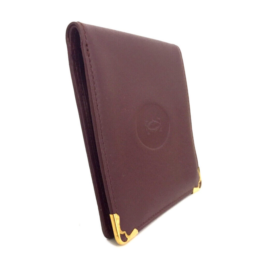 Auth. Must De Cartier Leather Bifold Wallet Color Bordeaux Gold Tone Corners